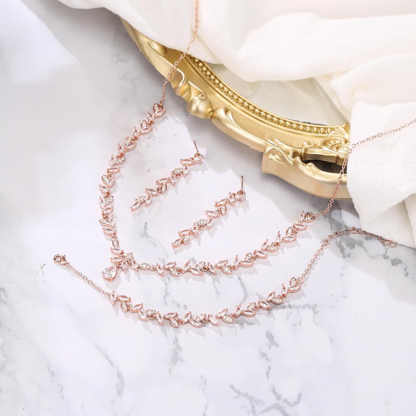 BriLove Wedding Bridal Jewelry for Women Cubic Zirconia Marquise Teardrop Leaf Cluster Y-Necklace Dangle Earrings Link Bracelet Set