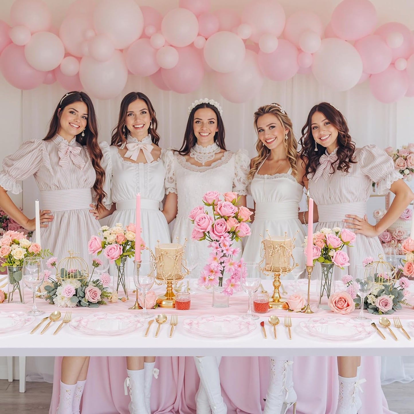 LIYH 60 Pcs Pink Plastic Plates for Party Bow Plates - Pink Porcelain Scalloped Plate Disposable Heavyduty for Wedding Bridal Shower Floral Dinnerware Set - 10.25" Dinner & 7.5" Dessert Plate