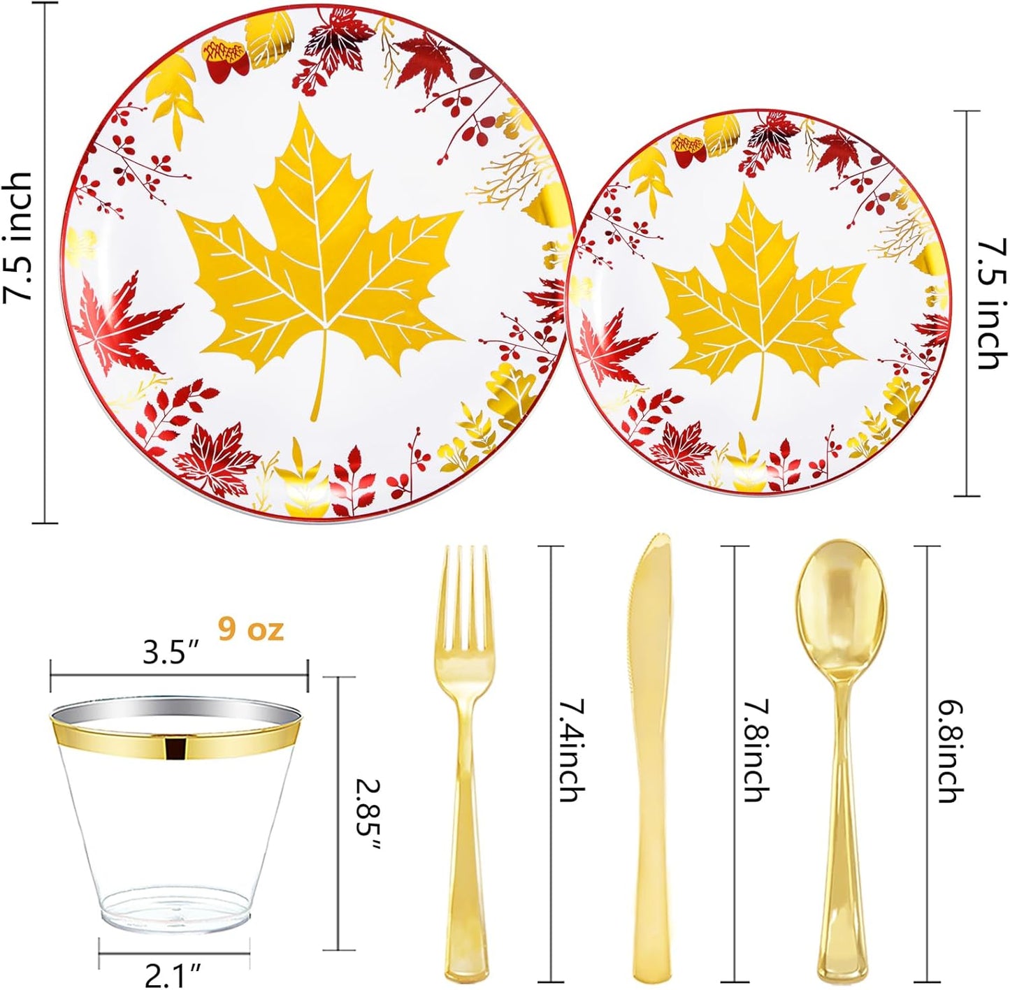 KIRE 150PCS Thanksgiving Plates Dinnerware Maple Leaves - Plastic Thanksgiving Plates with Gold Silverware Include 25Dinner 25Salad 25Forks 25Knives 25Spoons 25Gold Cups