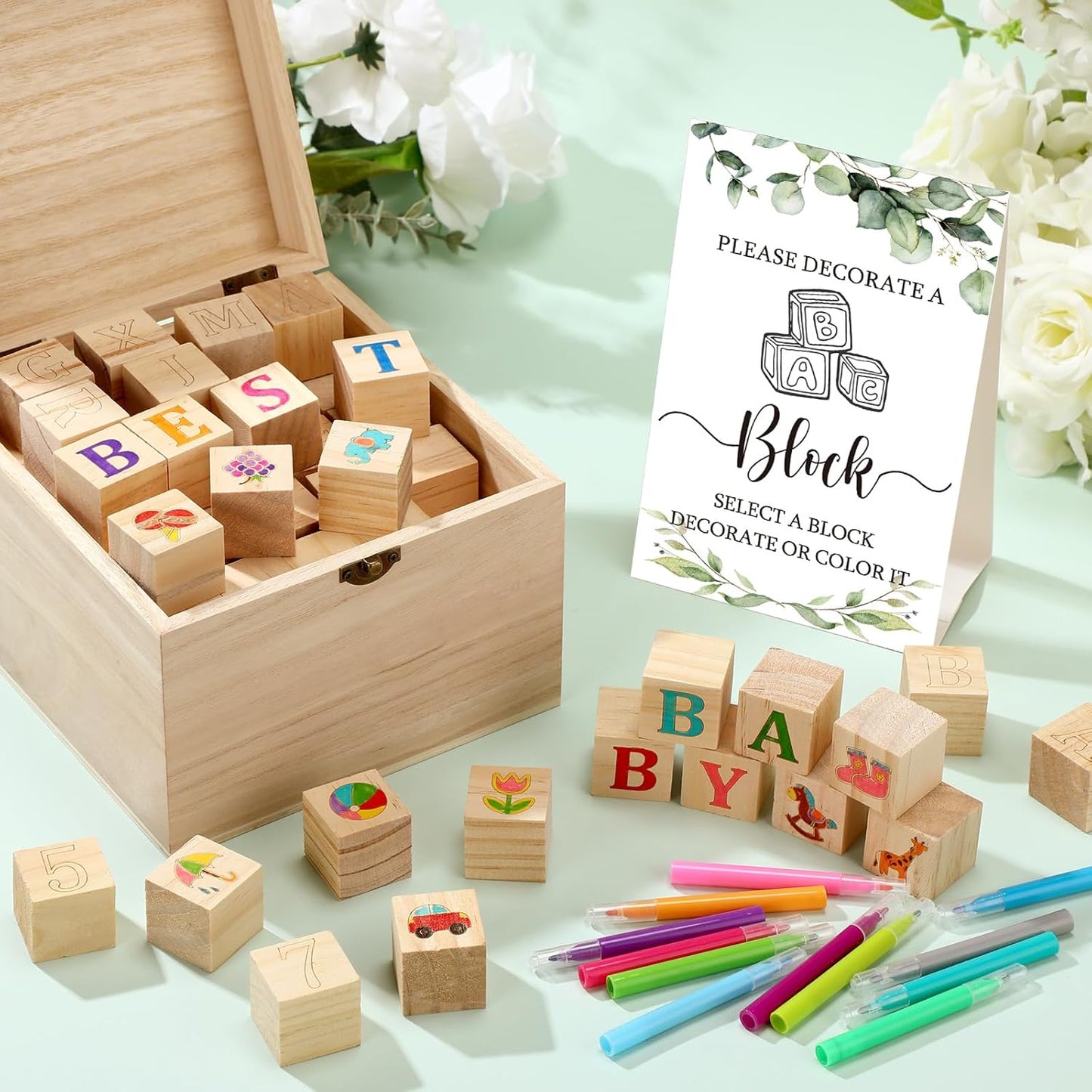 Marsui 136 Pcs Baby Shower Blocks to Decorate Game Kit Includes 98 Wooden Blocks, 36 Markers, 1 Game Sign, 1 Storage Box for Baby Shower Gender Reveal Activity Party Decorations(Leaf)