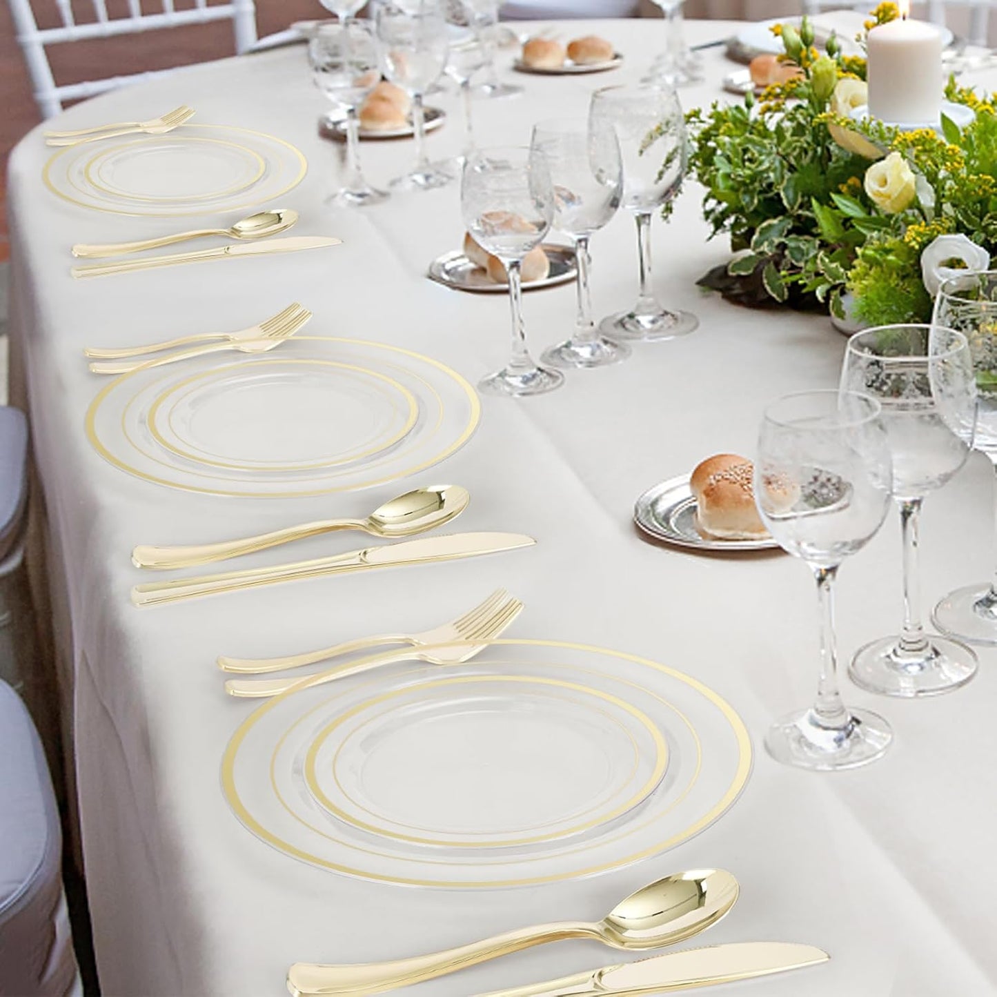 BESTVIP 600PCS Clear Gold Plastic Plate Set (100 Guests), Plastic Plates for Party Wedding Birthday, Disposable Dinnerware Set of 200 Plates, 200 Forks, 100 Spoons, 100 Knives for Christmas