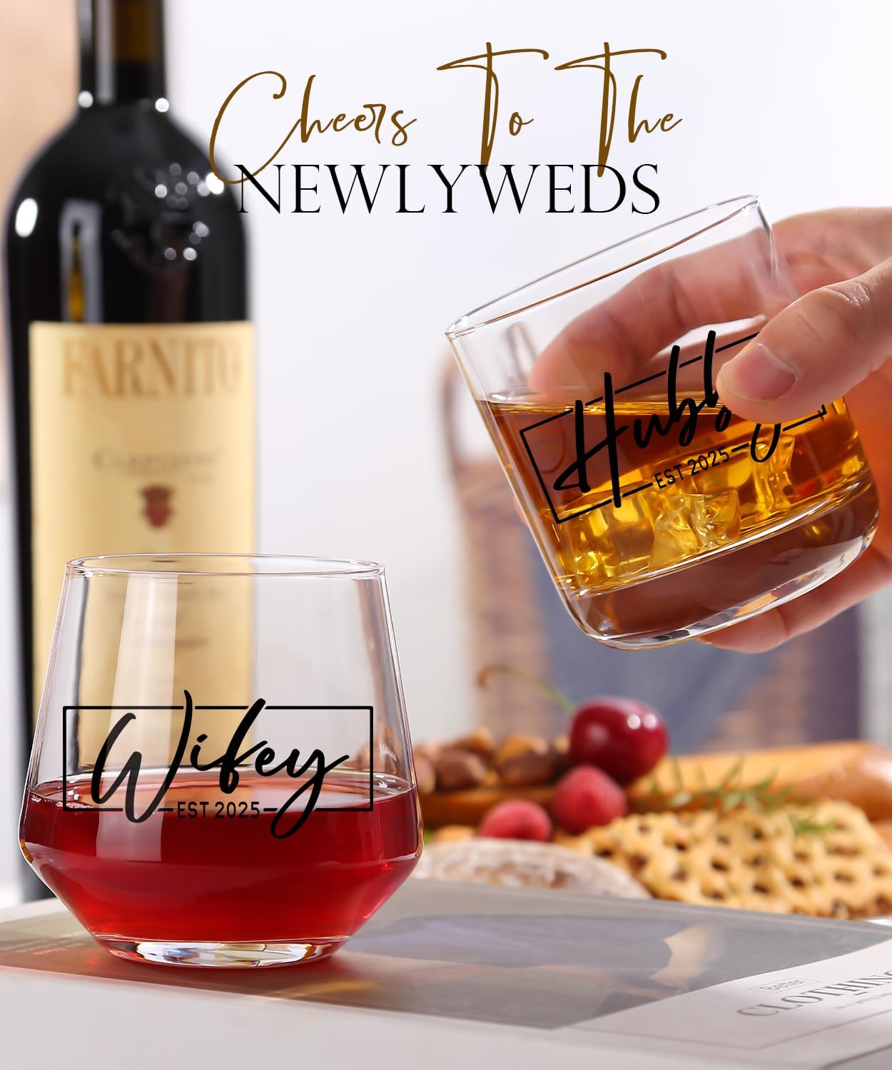 Wedding Gifts for Couples,Hubby & Wifey EST 2025 Wedding Glass Set,Bridal Shower Gifts for Bride and Groom, Newly-Married Anniversary for Him/Her,Mr and Mrs Gift