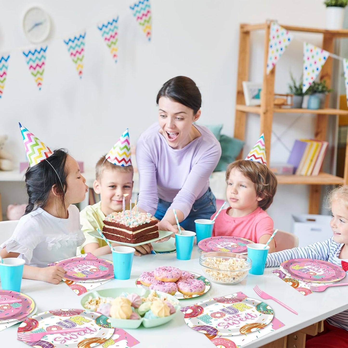 ZOIIWA 200 PCS 4th Birthday Donut Tableware Disposable Four Sweet Plates Napkins Party Supplies Donut Themed Dinnerware Set 4th Birthday Pink Party Baby Shower Decoration Serve 50 guest