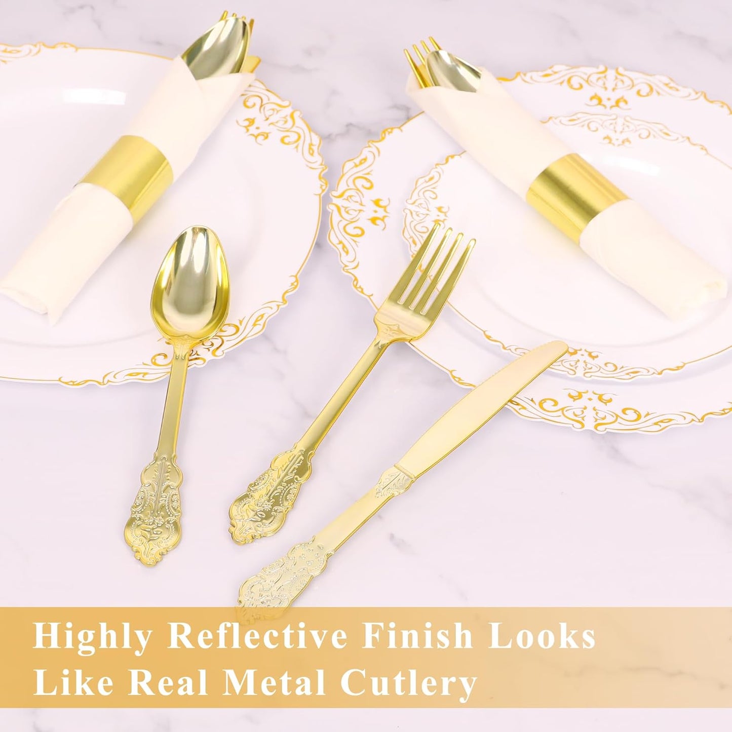 50 Pack Pre Rolled Gold Plastic Silverware Set,Fancy Wrapped Plastic Cutlery Set with Napkin Include 50 Forks,50 Spoons,50 Knives and 50 White Napkins for Party, Wedding