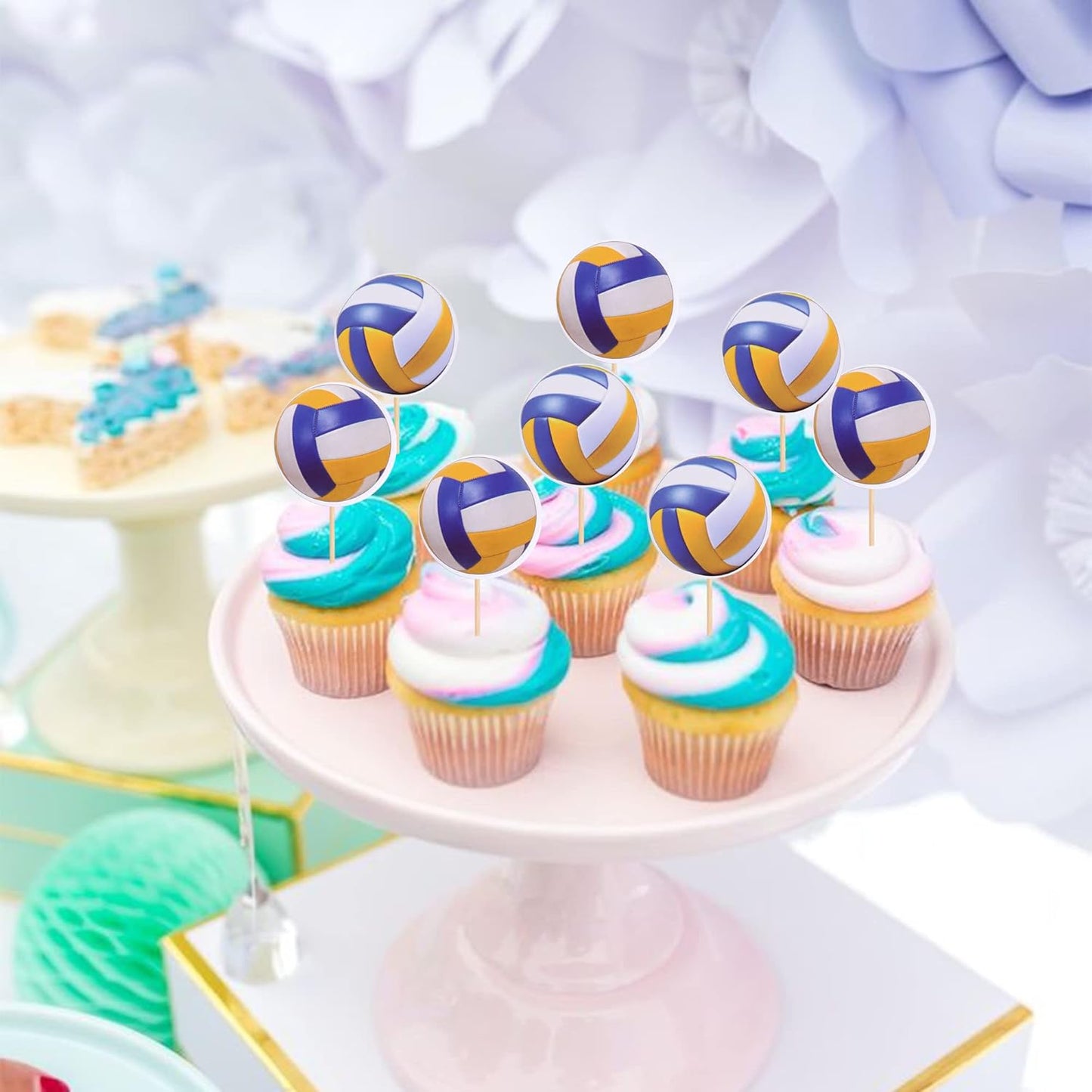 36 PCS Volleyball Cupcake Toppers Volleyball Game Player Sports Ball Cupcake Picks for Volleyball Theme Baby Shower Kids Birthday Party Cake Decorations Supplies