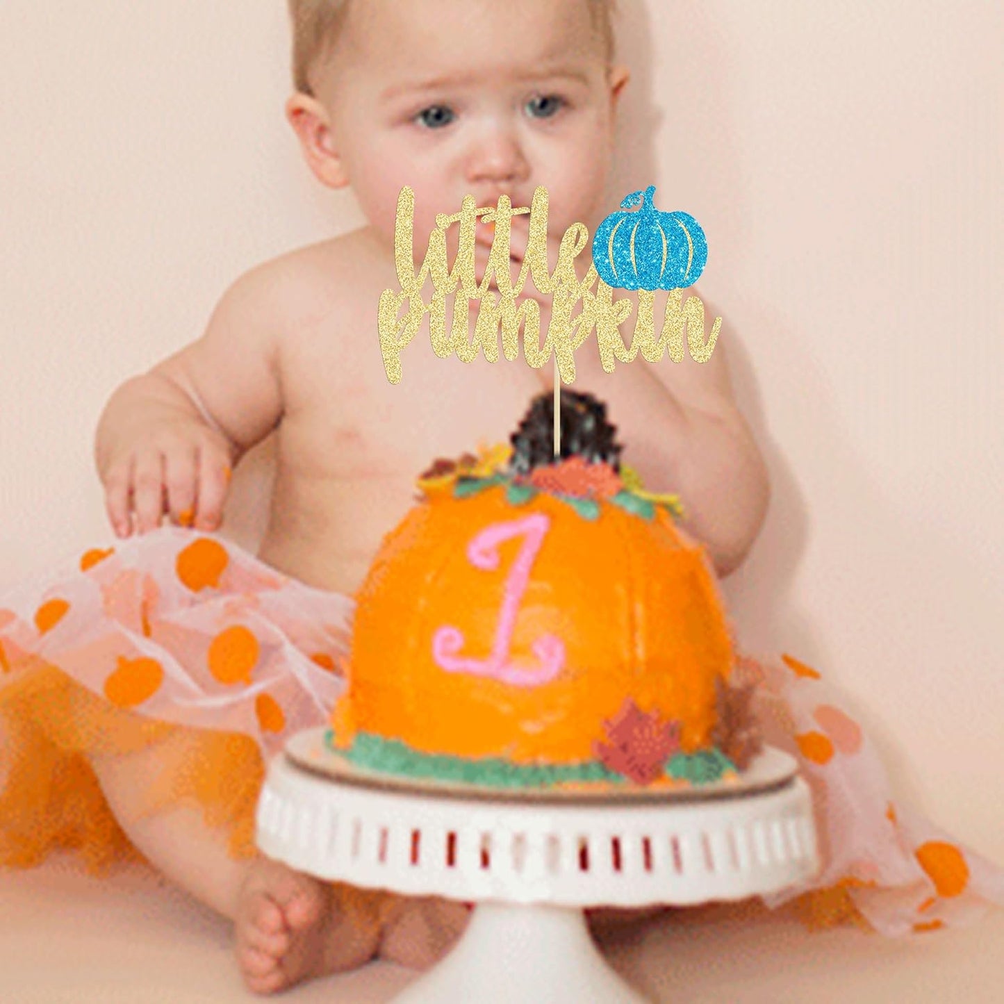 Gyufise Little Pumpkin Cake Topper - Blue Glitter Fall Boy Baby Shower Cake Decoration for Birthday, Halloween, Thanksgiving Party Supplies (1Pcs)