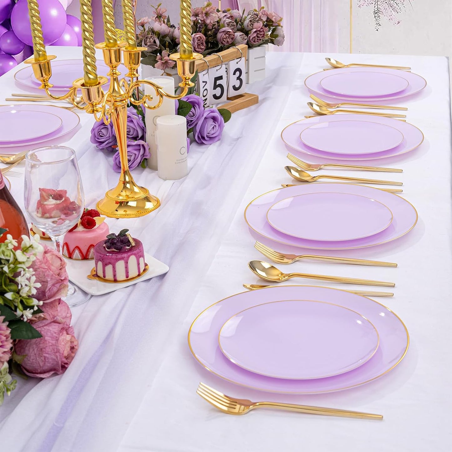 PULOTE 100PCS Purple Plastic Plates Disposable - Include 50 Dinner / 50 Dessert Plates Heavy Duty for Party, Wedding&Easter