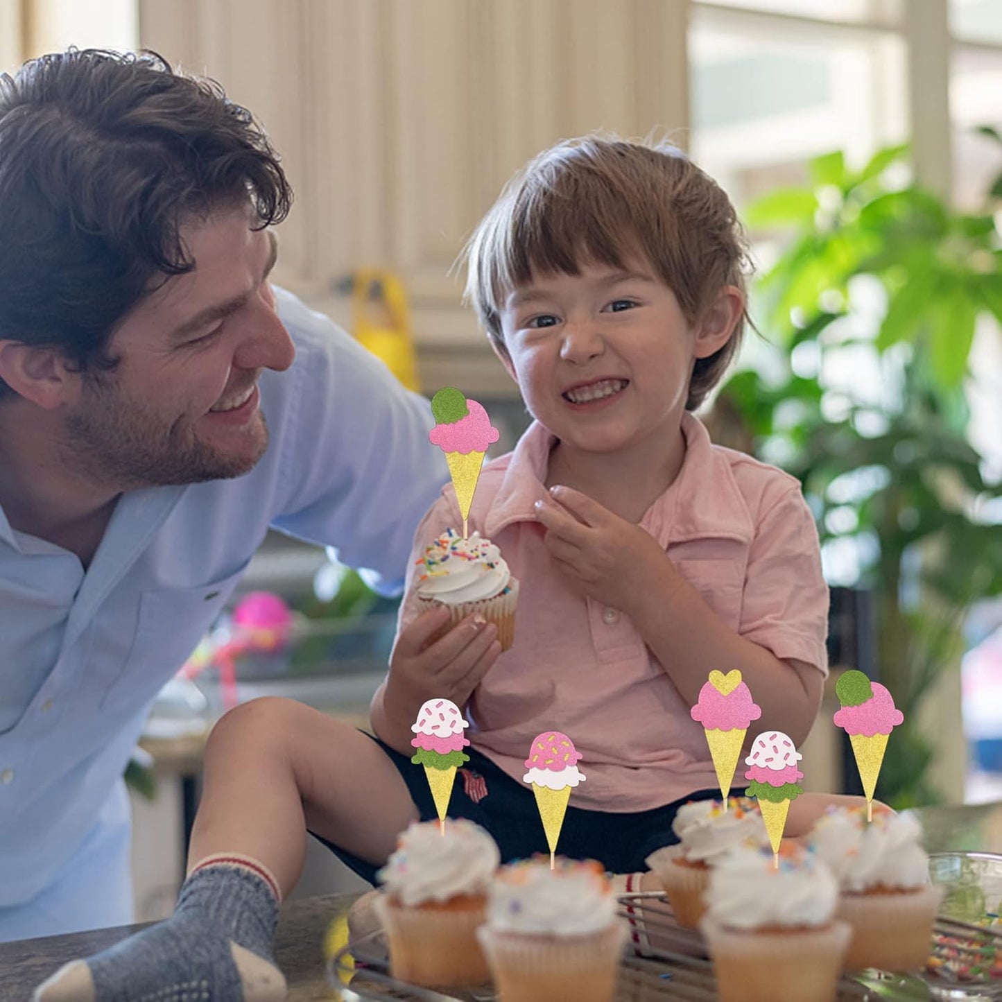 24 PCS Ice Cream Cupcake Toppers Assembled Glitter Paper Ice Cream Luau Cupcake Picks for Summer Hawaii Theme Baby Shower Wedding Birthday Anniversary Retro Party Cake Decorations Supplies