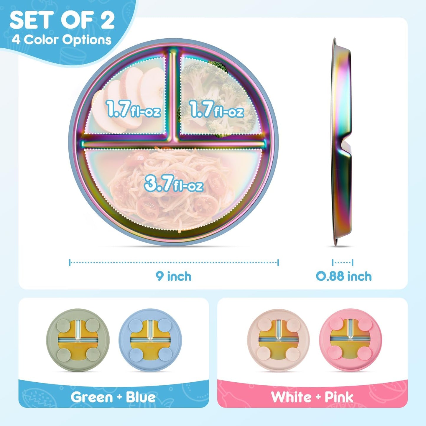 Stainless Steel Toddler Plates with Suction, 9" BPA-Free Rainbow Baby Plates 2pcs with Removable Food-Grade Silicone Base, Divided Kids Plates Dishwasher Safe, Blue & Green