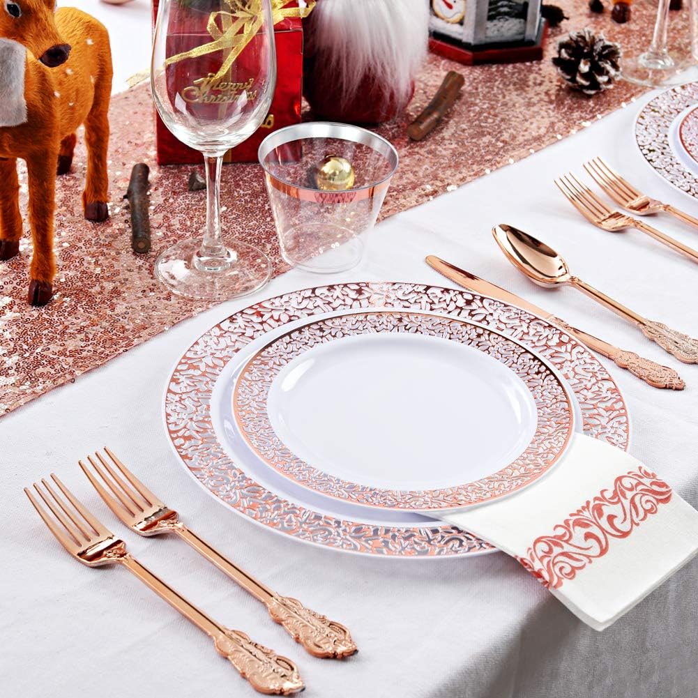 bUCLA 350PCS Rose Gold Plastic Plates With Disposable Silverware & Napkins - Rose Gold Rim Plastic Dinnerware Set Lace Design for Wedding, Party & Mother’s Day