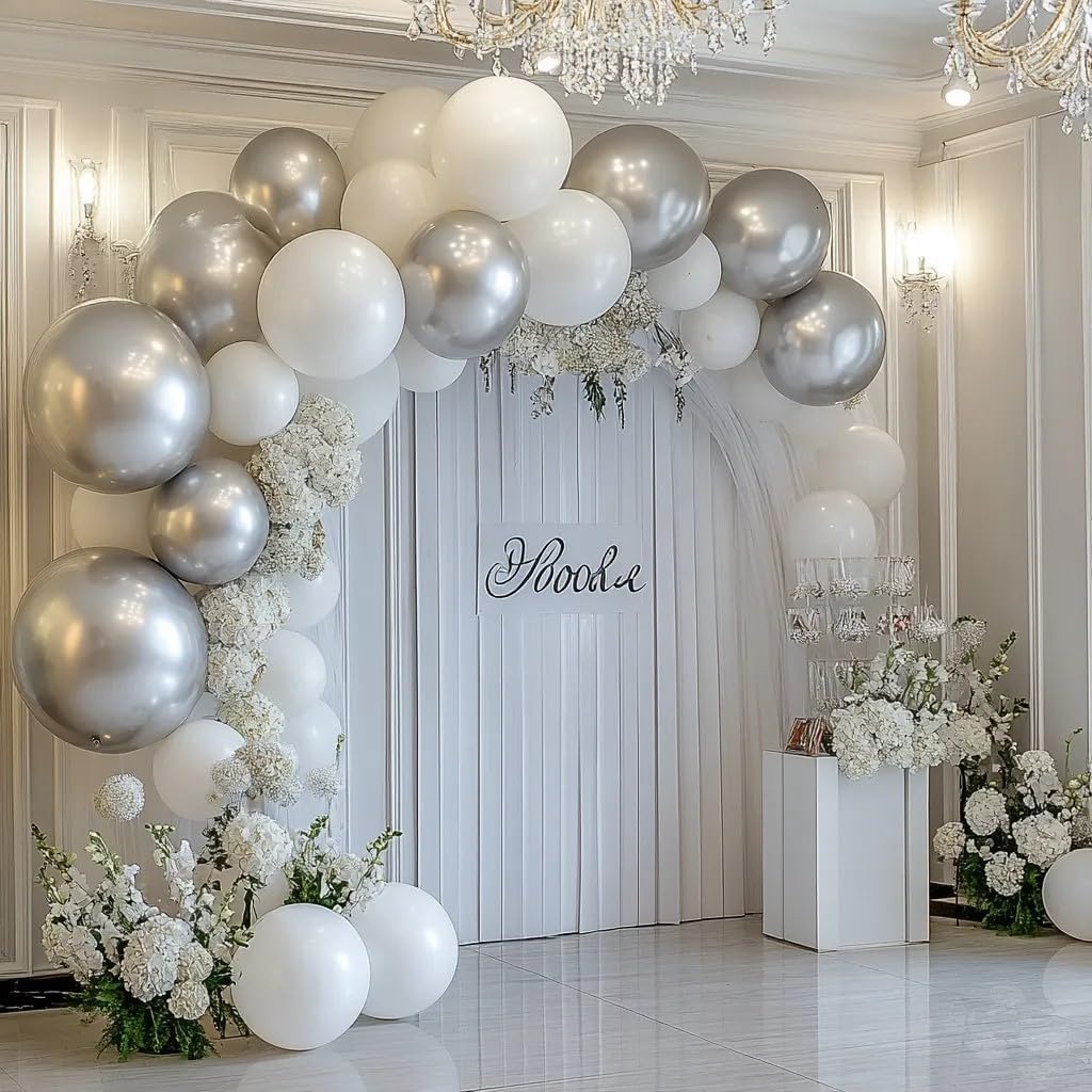 Silver Balloon Arch Kit, 125 Pcs Silver Balloons Different Sizes 18 12 10 5 Inch Metallic Silvers Balloons for Birthday Wedding Graduation Baby Shower New Year Party Decoration