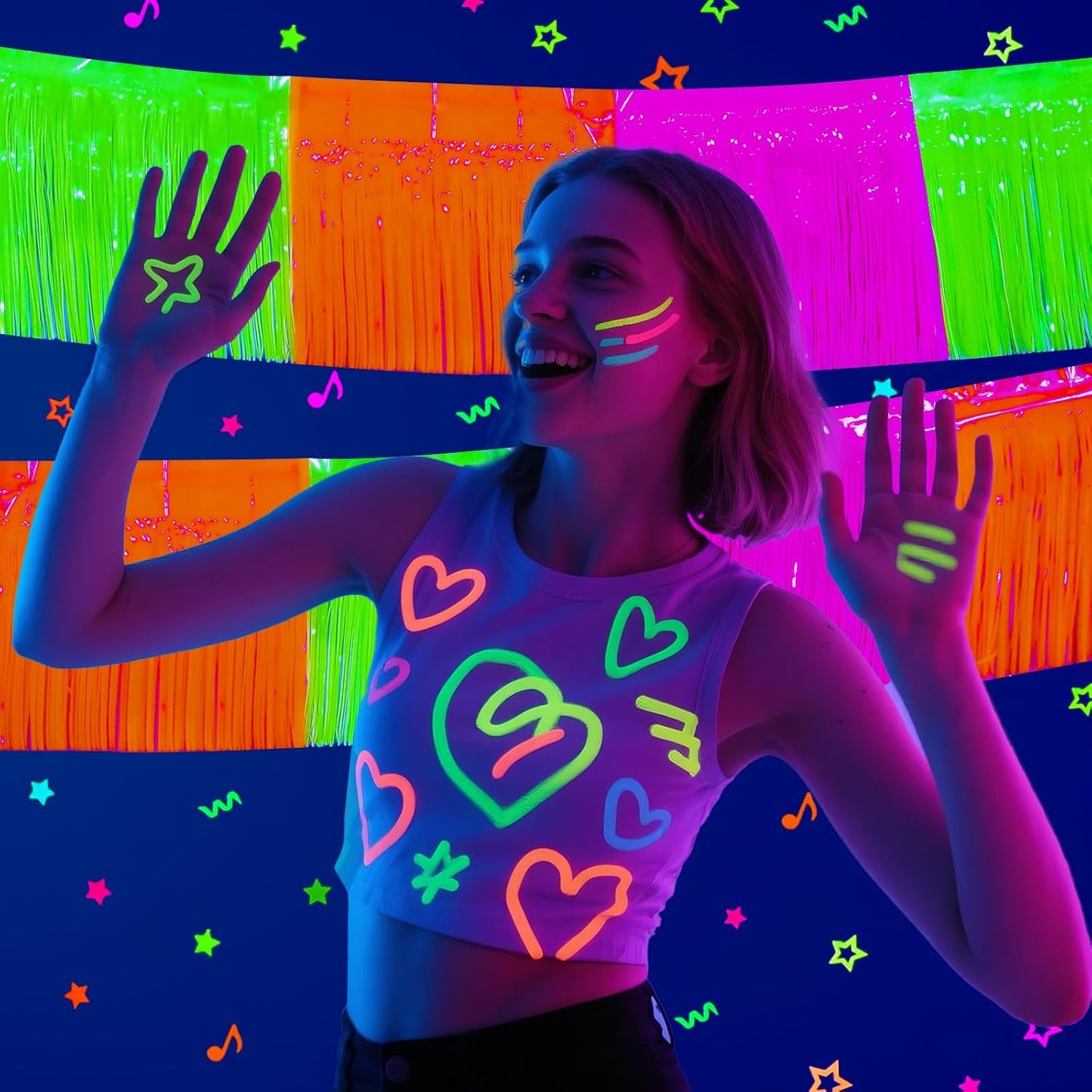 Mega-L Glow in The Dark Party Supplies, 4 Pack Foil Fringe Garland Birthday Party Decorations 9.8 ft Fluorescent Macaron Orange, Yellow and Fuchsia Metallic Tinsel Banner, Photo Booth Prop Table Skirt