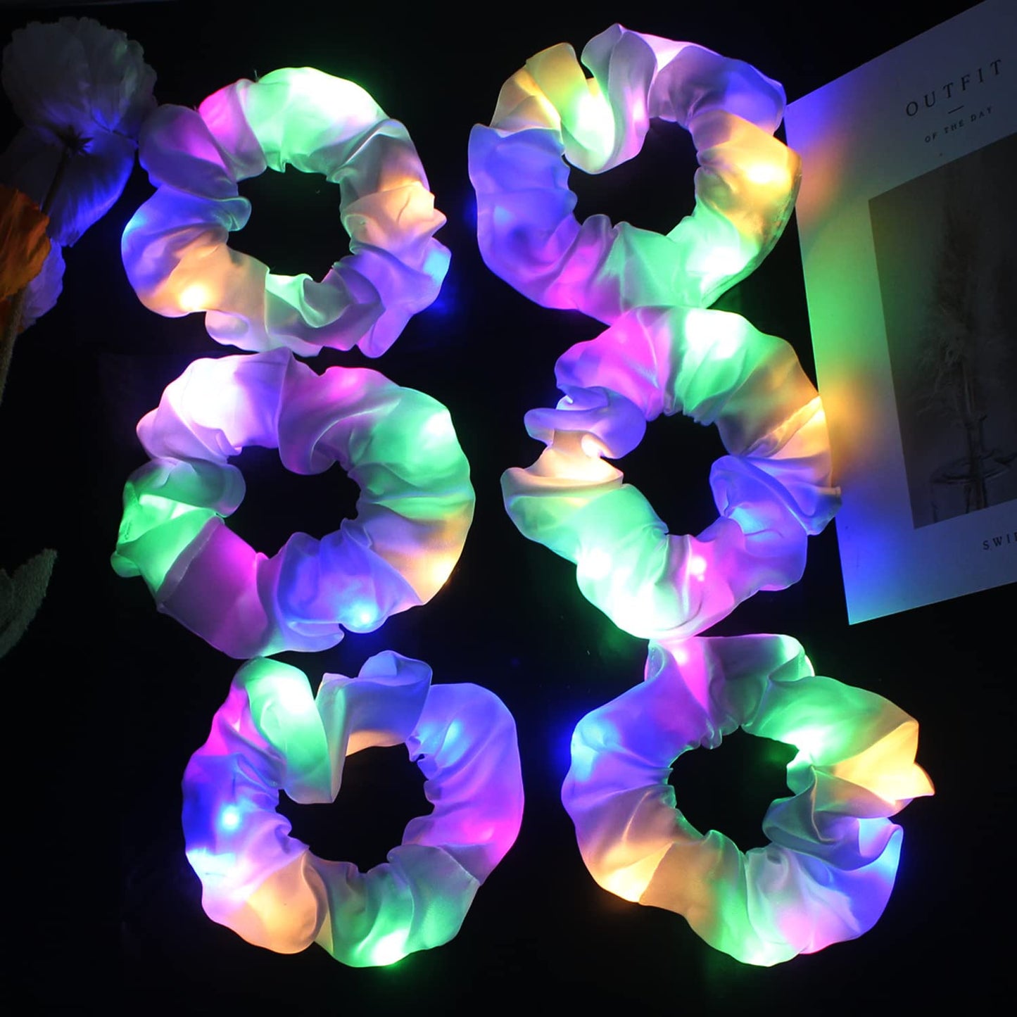 12PCS LED Hair Scrunchies Light Up White Scrunchies,Satin Ponytail Holder Glow in the Dark Hair Accessories Neon Rave Party Supplies