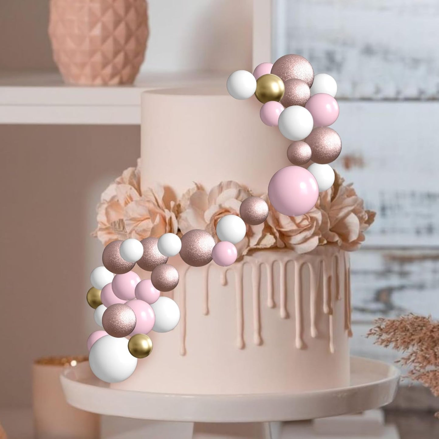 36 Pack Balls Cake Topper Decorations Foam Balloons Cake Decorations Sticks Mini Balloons Cake Toppers Balls Cake Picks for Baby Shower Wedding Anniversary Birthday Party Decorations Pink White Gold