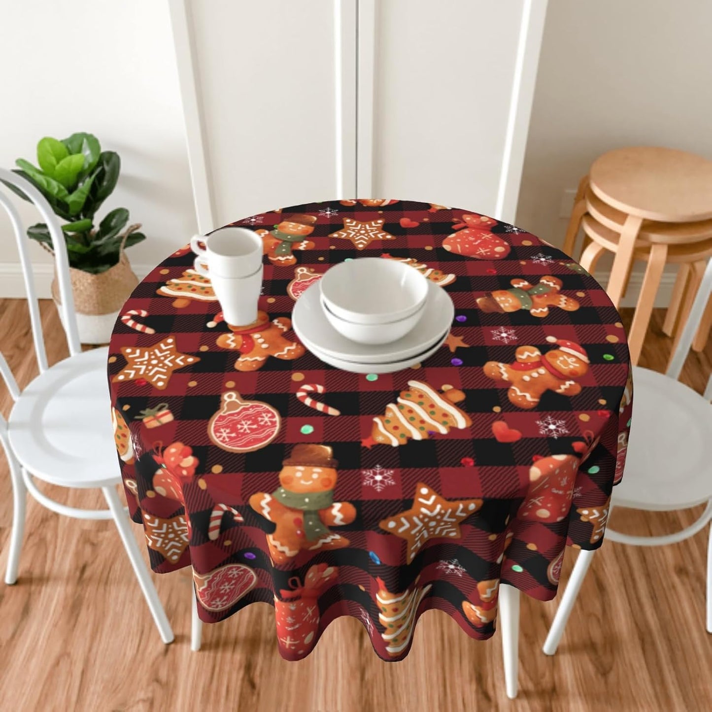 Giwawa Gingerbread Man Round Tablecloth for Kitchen Dining, 60Inch Christmas Cookies Balls Buffalo Plaids Table Cover, Winter Snowflakes Xmas Trees Table Cloth Washable for Holiday Party Decor