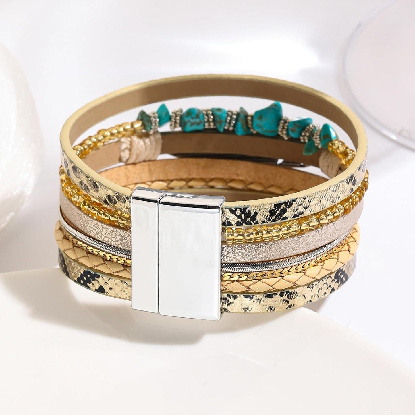 Fesciory Leopard Bracelet for Women, Boho Leather Wrap Multi-Layer Pearl Crystal Bracelet Bangle Jewelry