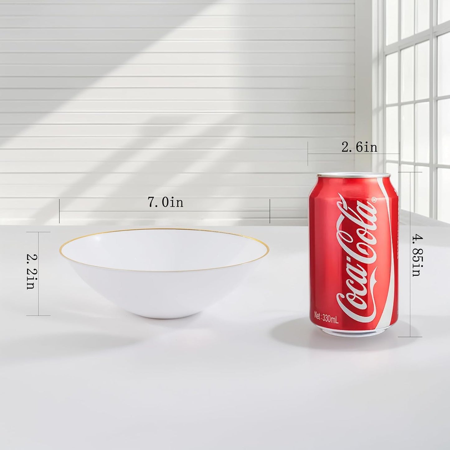 I00000 16 Oz 50 Count White Disposable Soup Bowls with Gold Rim Plastic Bowls Disposable Premium Heavyweight Elegant Plastic Salad Bowl for Thanksgiving, Parties, Wedding