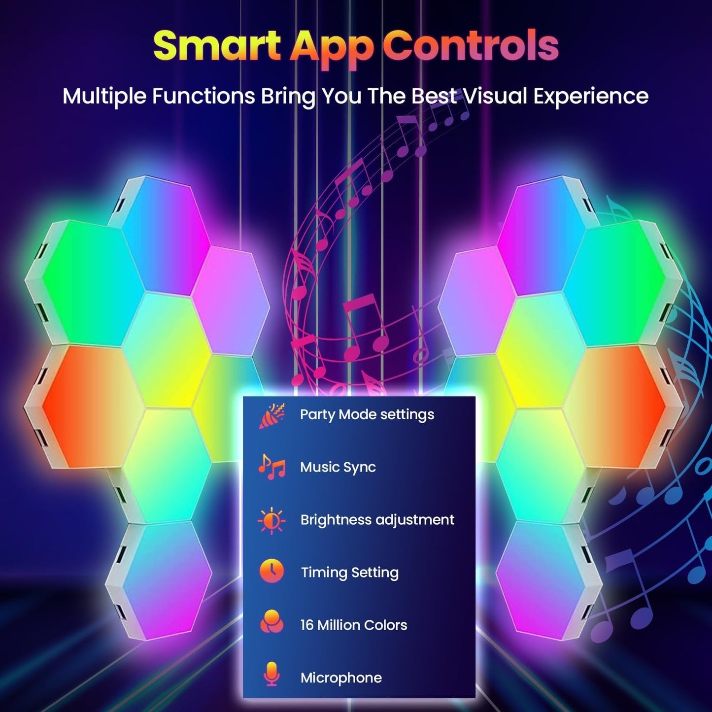 16-Pack Hexagon RGB LED Wall Lights โ Modular Smart Light Panels with App & Remote Control, Music Sync & Dynamic Effects โ DIY Gaming Room, Bedroom & Home Decor Lighting