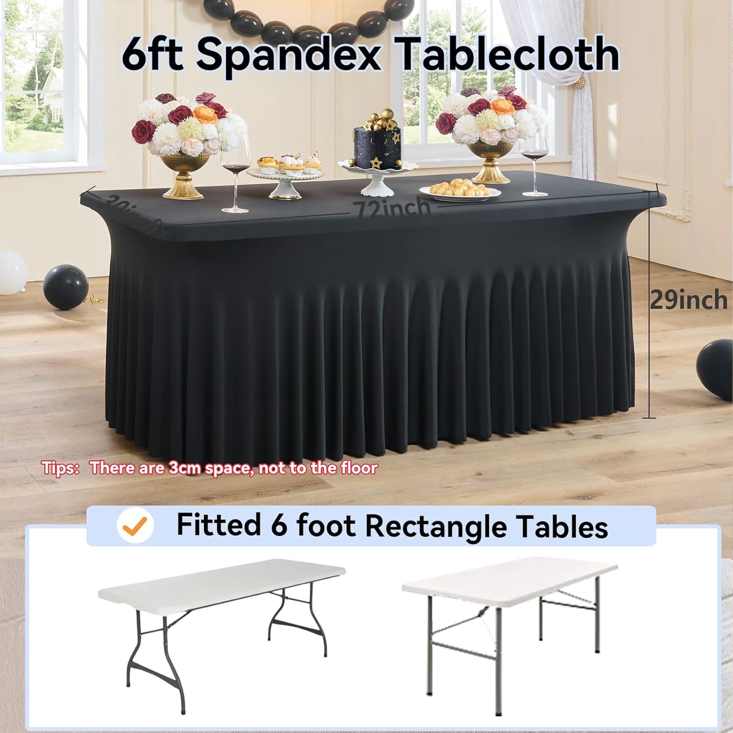 2 Pack Black Spandex Tablecloth 6ft with Ruffled Skirt,Wrinkle Free High Stretch Fitted Tablecloths for 6 Foot Rectangle Tables,Pleated Elastic Spandex Table Covers 6ft for Parties Wedding Banquet