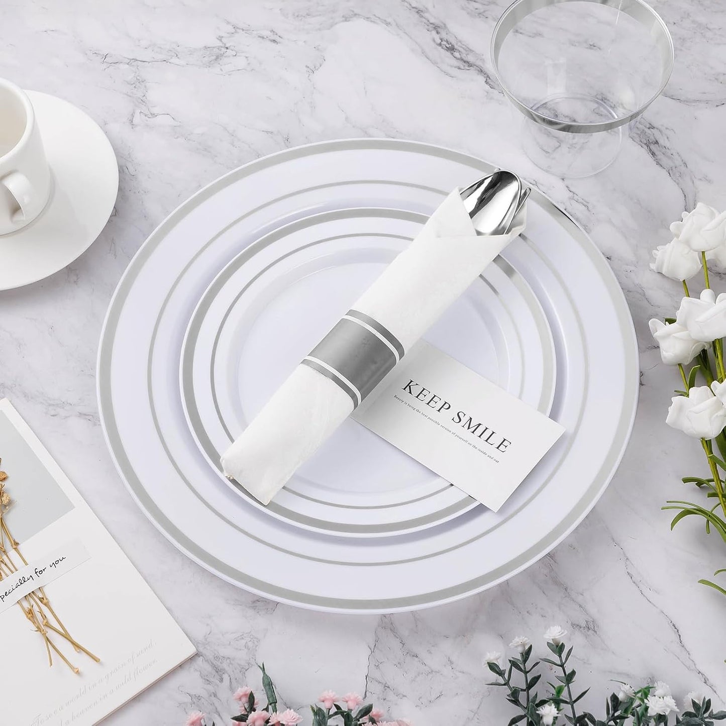 BESTVIP 100 Pack Pre Rolled Silver Plastic Silverware Set, Disposable Wrapped Cutlery Set with 100 Napkins, 100 Knives, 100 Forks and 100 Spoons for Party, Birthday