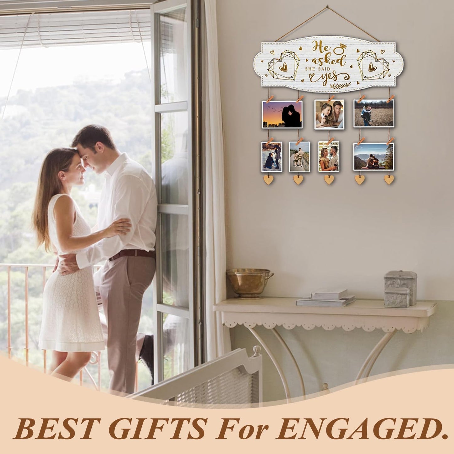 Yudarte Wedding Engagement Gifts for Women Bride to Be - Romantic Wall Picture Organizer with Clips and Twine For Newly Engaged Couples - He Asked,She Said Yes