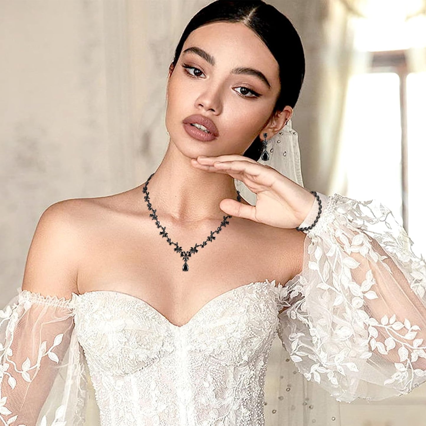 Hadskiss Jewelry Set for Women, Necklace Dangle Earrings Bracelet Set with White AAA Cubic Zirconia, Allergy Free Wedding Party Jewelry for Bridal Bridesmaid