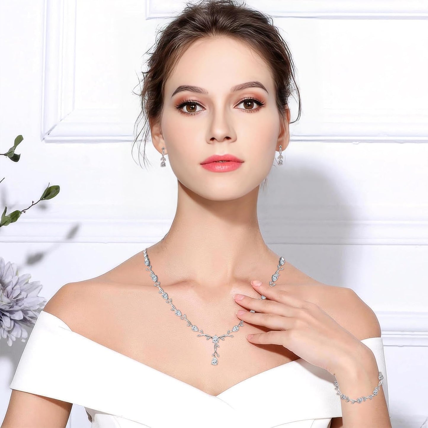 Wedding Silver Jewelry Set for Women Cubic Zirconia Necklace Earrings Bracelet Sets for Bride Wedding Costume Jewelry for Bridesmaid