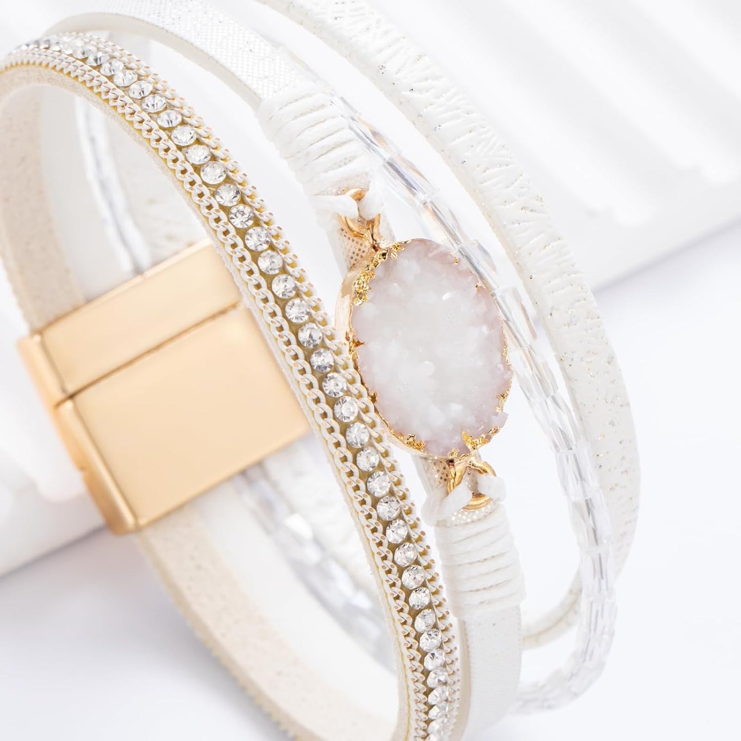 FANCY SHINY Leather Wrap Bracelet Boho Cuff Bangle Bracelets Crystal Bead Bracelet with Magnetic Clasp Jewelry Gifts for Women