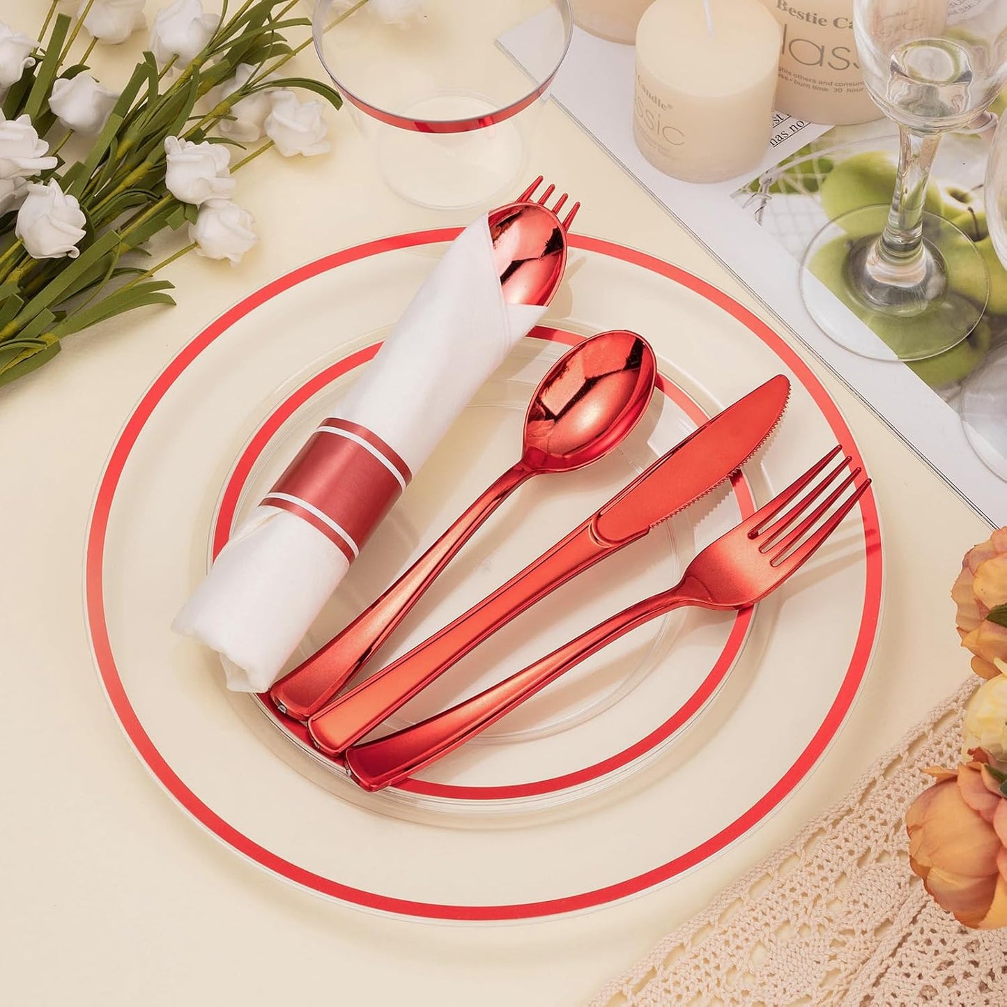 350PCS Clear and Red Disposable Plates Set for 50 Guests, 100 Plastic Plates, 50 Plastic Cups, 50 Pre-Rolled Napkins with Cutlery for Party, Christmas, Thanksgiving, Birthday, Halloween