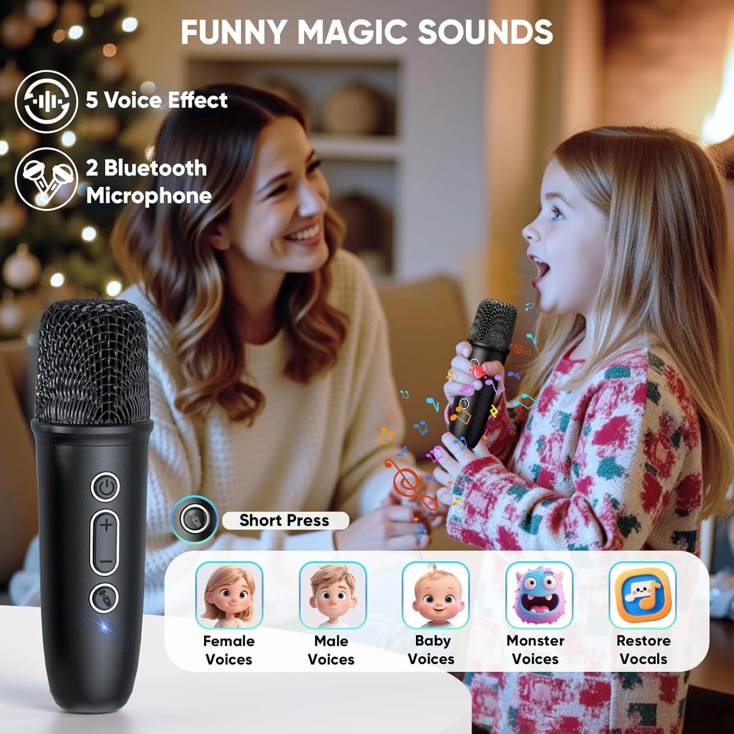 Karaoke Machine with Disco LED Lights for Adults Kids, Portable Bluetooth Speaker with 2 Wireless Microphone Toys Christmas Birthday Gifts for Boys Girls Family Home Party