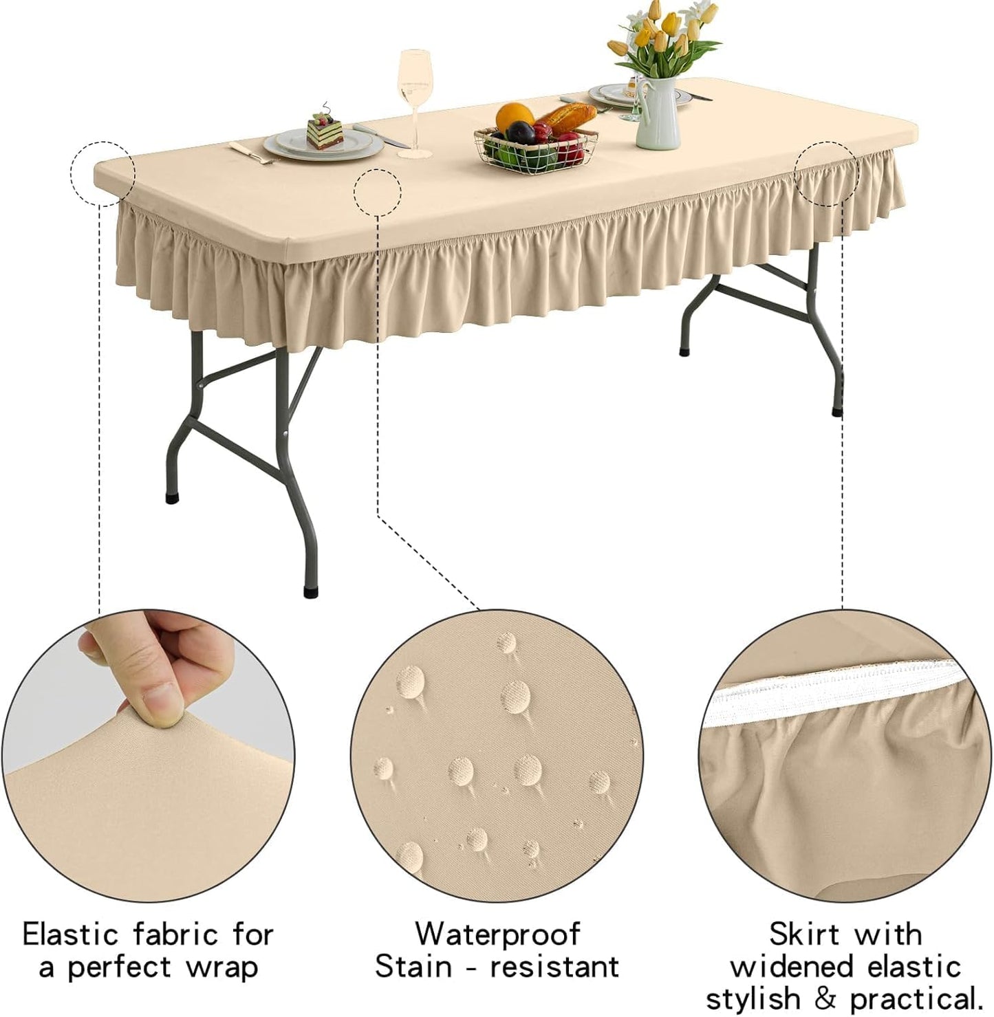 6ft Khaki Stretch Tablecloth for Rectangular Tables - Flared Wrap Design, Waterproof, Wrinkle-Resistant, Washable - Ideal for Weddings, Parties, Banquets & Table Protection