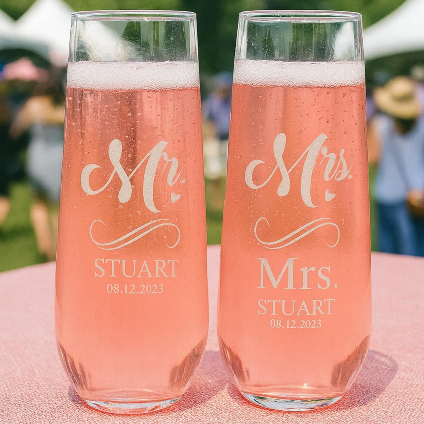 Gifts Inscribed Personalized Champagne Glasses Set of 2 – Custom Stemless Flutes – Laser Engraved Wedding, Anniversary, Engagement, or Bridal Party Gift