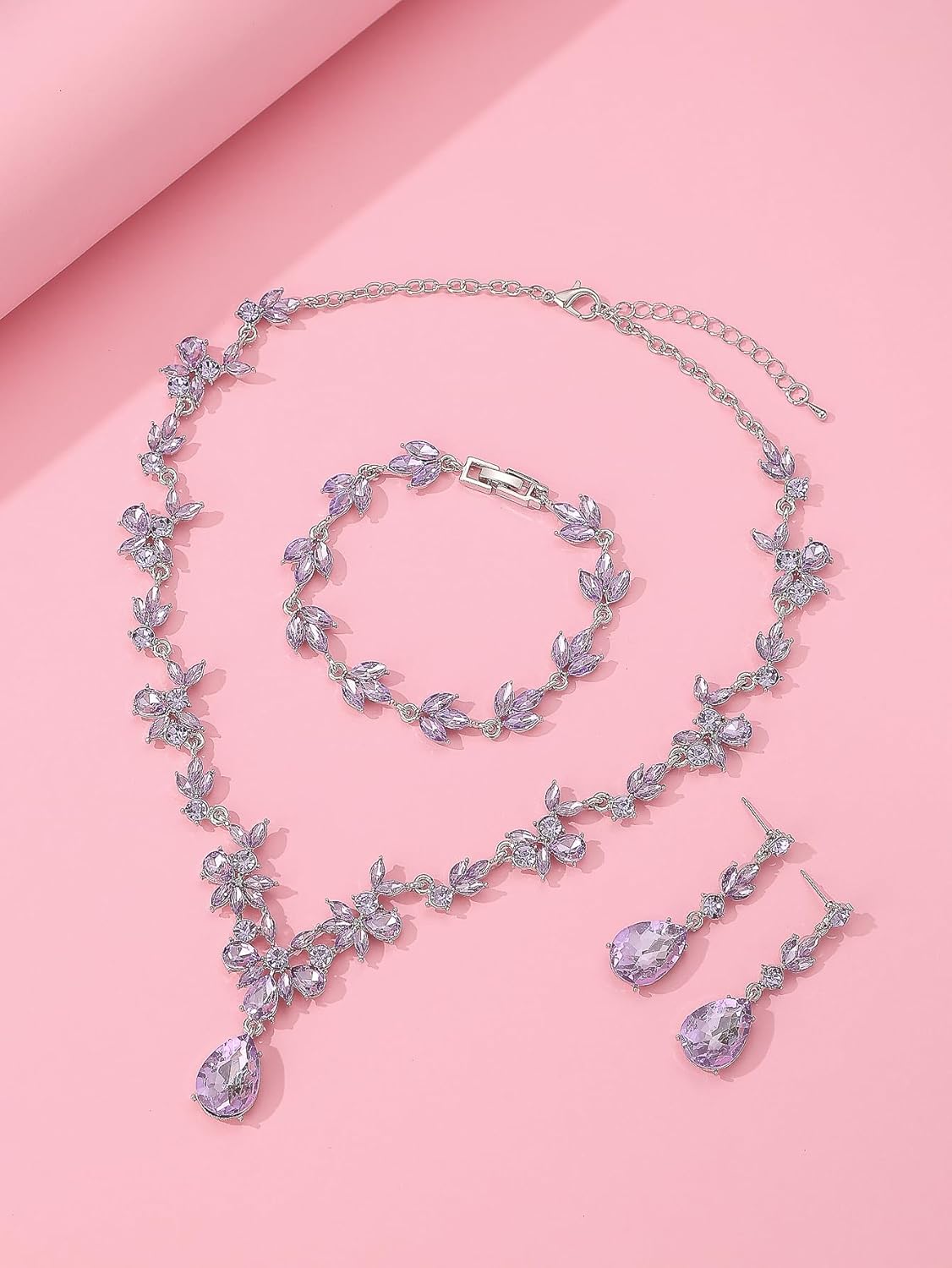 Bridal Wedding Elegant Floral Jewelry Set for Women/Brides/Bridesmaids Crystal Jewelry Set for Wedding Prom Party Bridal Crystal Necklace Earrings Bracelet Set