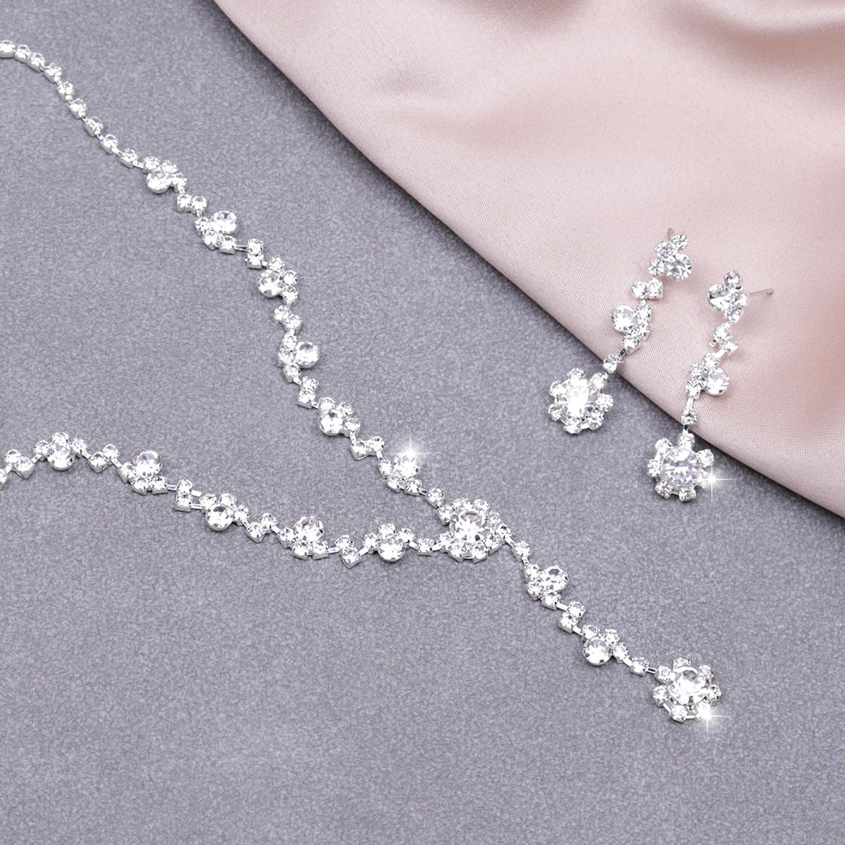 Silver Rhinestone Prom Jewelry Set for Women,Black Glitter Crystal Chain Choker Necklace Cz Drop Earring for Wedding Bridal,Formal Costume Accessories