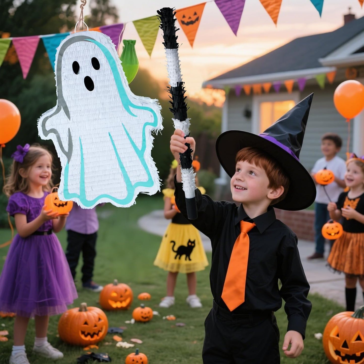 PCFING 21.6 Inch Halloween Ghost Piñata with 30 Inch Piñata Stick Blindfold Confetti for Boy Girl Adults Halloween Scary Party Decorations,Candy Game,Trick Treat Party