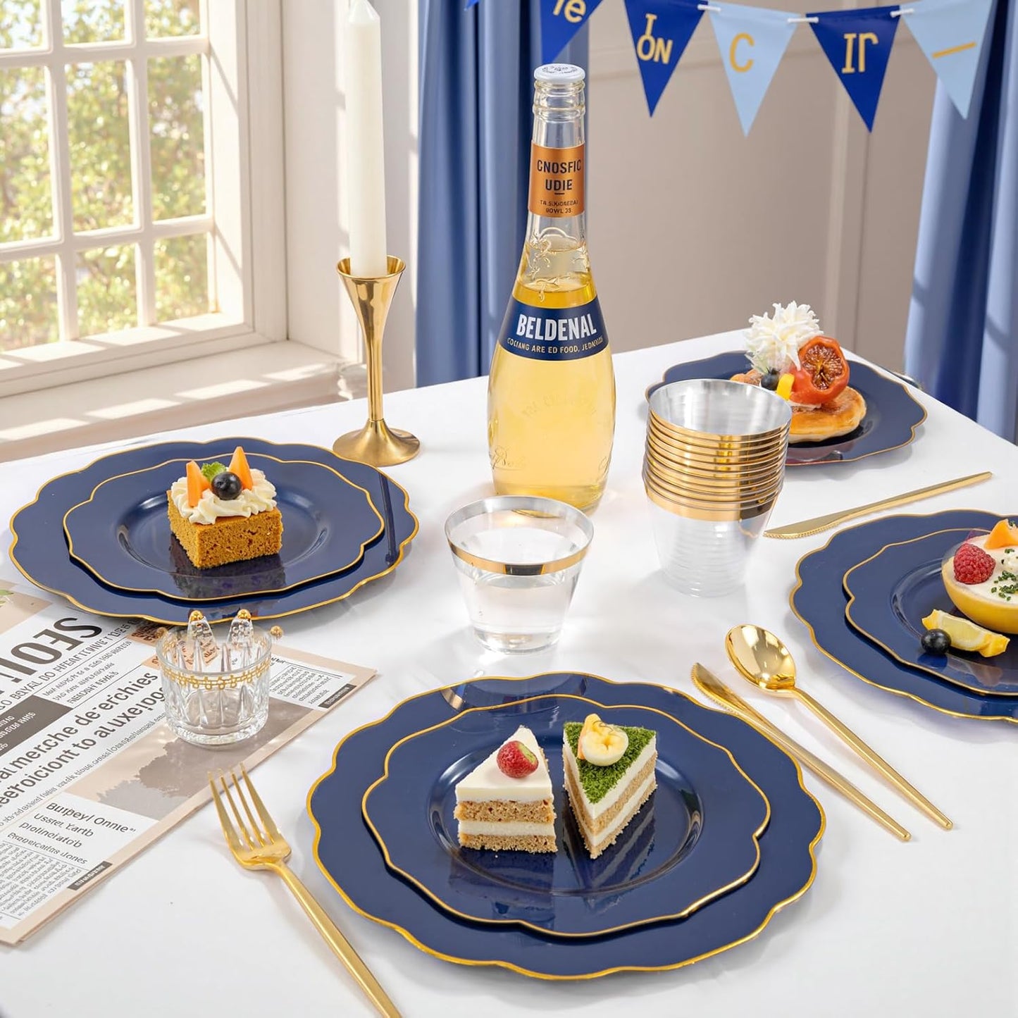 bUCLA 180PCS Blue Plastic Plates - Navy Blue and Gold Rim Disposable Include 30 Each (Dinner & Dessert) Plates, 30 Knives, 30 Forks, 30 Spoons and 30 Cups, Ideal for Party & Gathering
