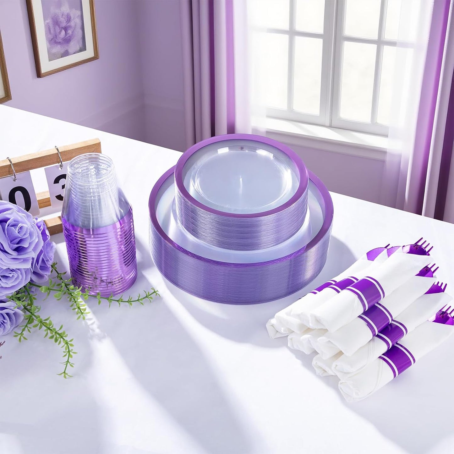 I00000 210 Pcs Clear Purple Plates for 30 Guests, Purple Dinnerware Include 60 Plates, 30 Cups, 30 Pre Rolled Napkins with Cutlery Set for Party and Wedding