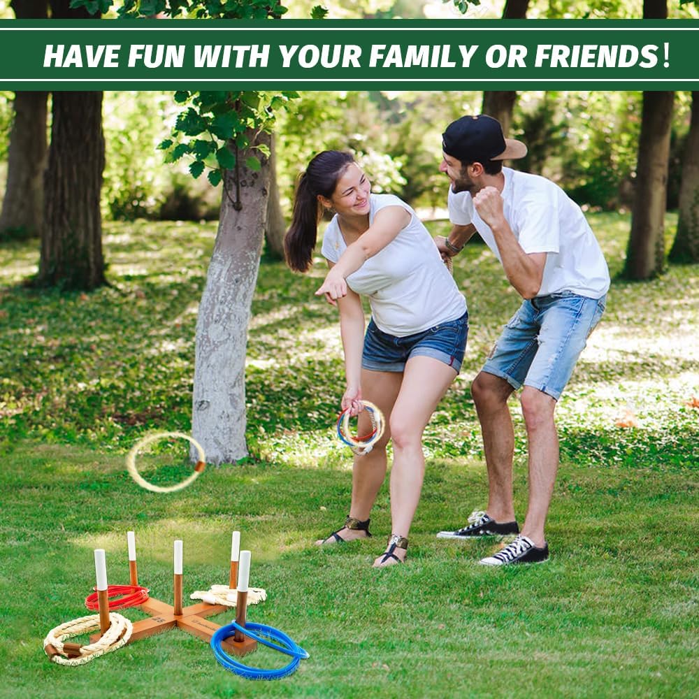 Wooden Ring Toss Game Set, Backyard Beach Camping Game with Toss Rings & Portable Carrying Bag, Outdoor Lawn & Yard Games for Kids, Adults & Family
