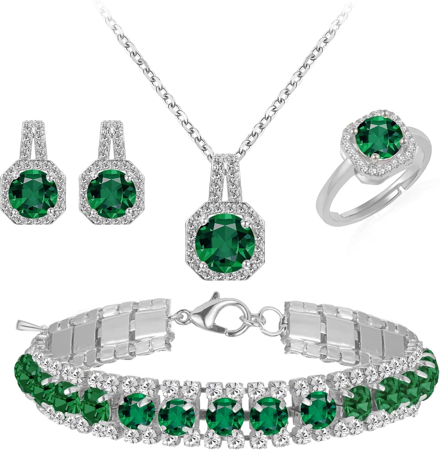 4pcs Cubic Zirconia Wedding Jewelry Sets for Bride Bridesmaid Cubic Zirconia Pendant Necklace Earrings Link Tennis Bracelet Open Ring Set for Women