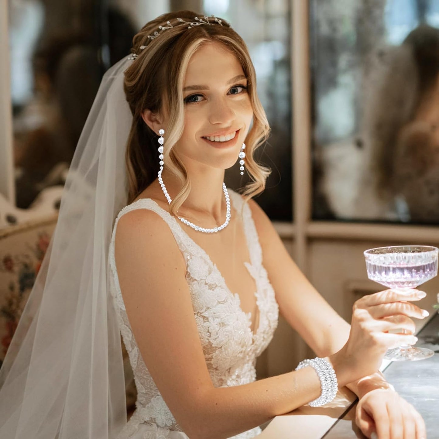 Pearl Jewelry Set for Women Faux Pearl Costume Jewelry Set with Necklace, Bracelets, Ring, Earrings for Wedding Bridal Birthday Tea Party