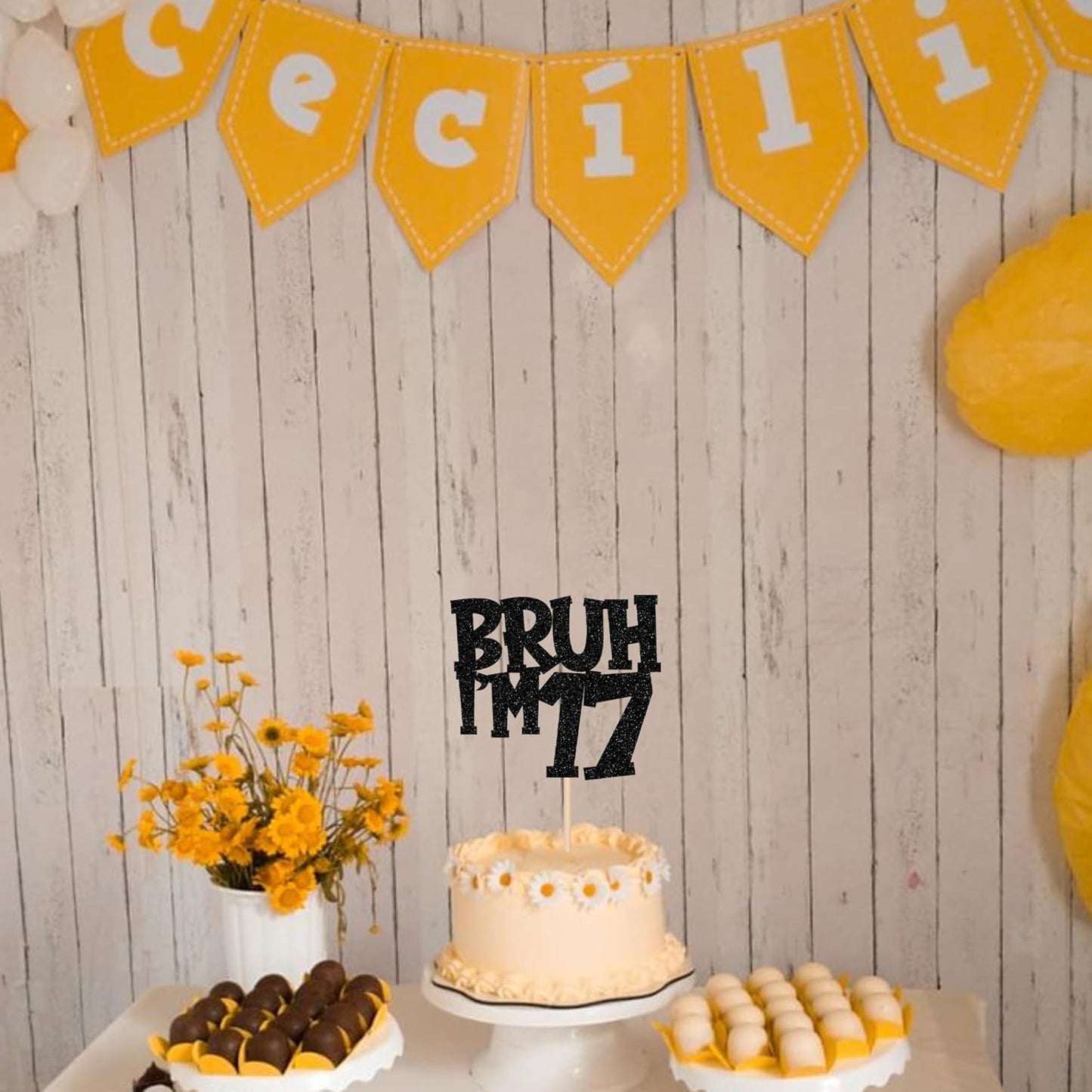 1 PCS Bruh I'm 17 Cake Topper Black Glitter Happy 17th Birthday Cake Pick Bro I'm 17 It's My 17th Birthday Cake Decoration for Cheers to 17 Years Birthday Party Decorations Supplies