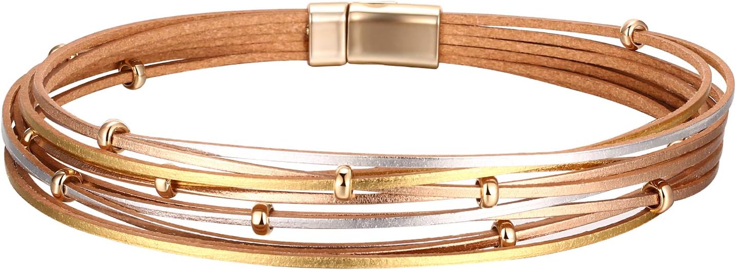 Fesciory Leather Wrap Bracelets for Women, Boho Leopard Multi-Layer Crystal Beads Cuff Bracelet Jewelry