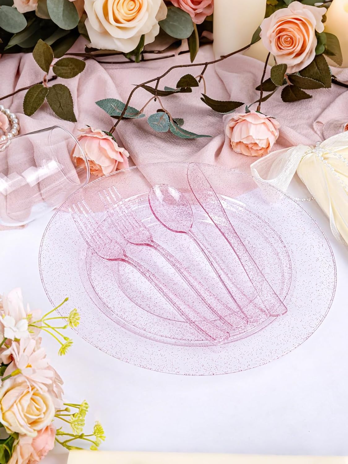 WDF 200PCS Pink Plastic Plates - Rose Gold Glitter Plastic Plates - Heavy Duty Pink Glitter Disposable Plates - Include 100 Dinner Plates 10" and 100 Dessert Plates 7" for Parties/Wedding