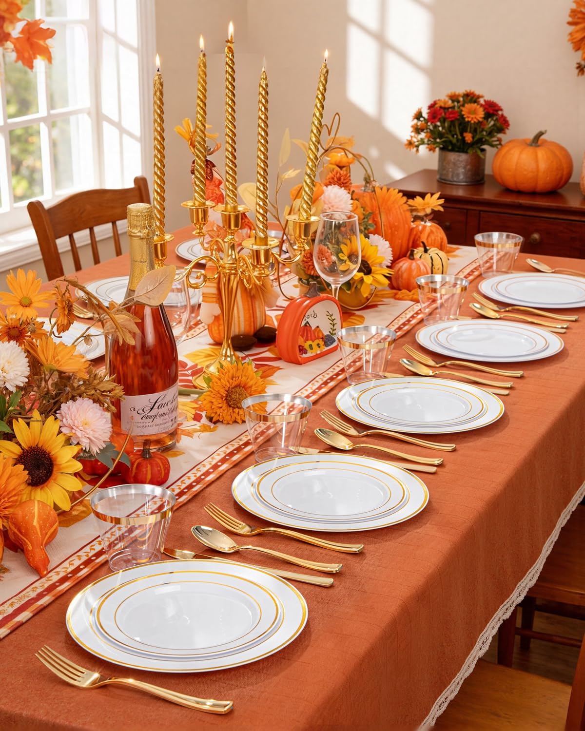 bUCLA 300PCS Gold Disposable Dinnerware Set - White and Gold Plastic Plates - Include 50 Each (Dinner&Dessert) Plates,50 Knives,50 Forks,50 Spoons,50 Cups for Party & Thanksgiving Table Decor