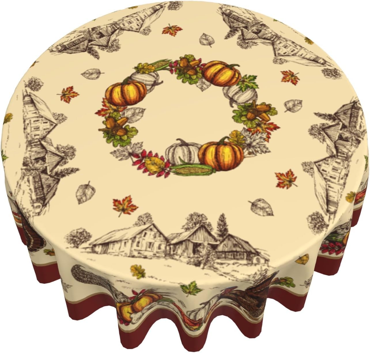 Giwawa Thanksgiving Round Tablecloth Rustic Fall Turkey Autumn Pumpkins Harvest Reusable Heat Resistant Waterproof Table Cloth Cover 60Inch for Kitchen Dining Holiday Farmhouse Decor