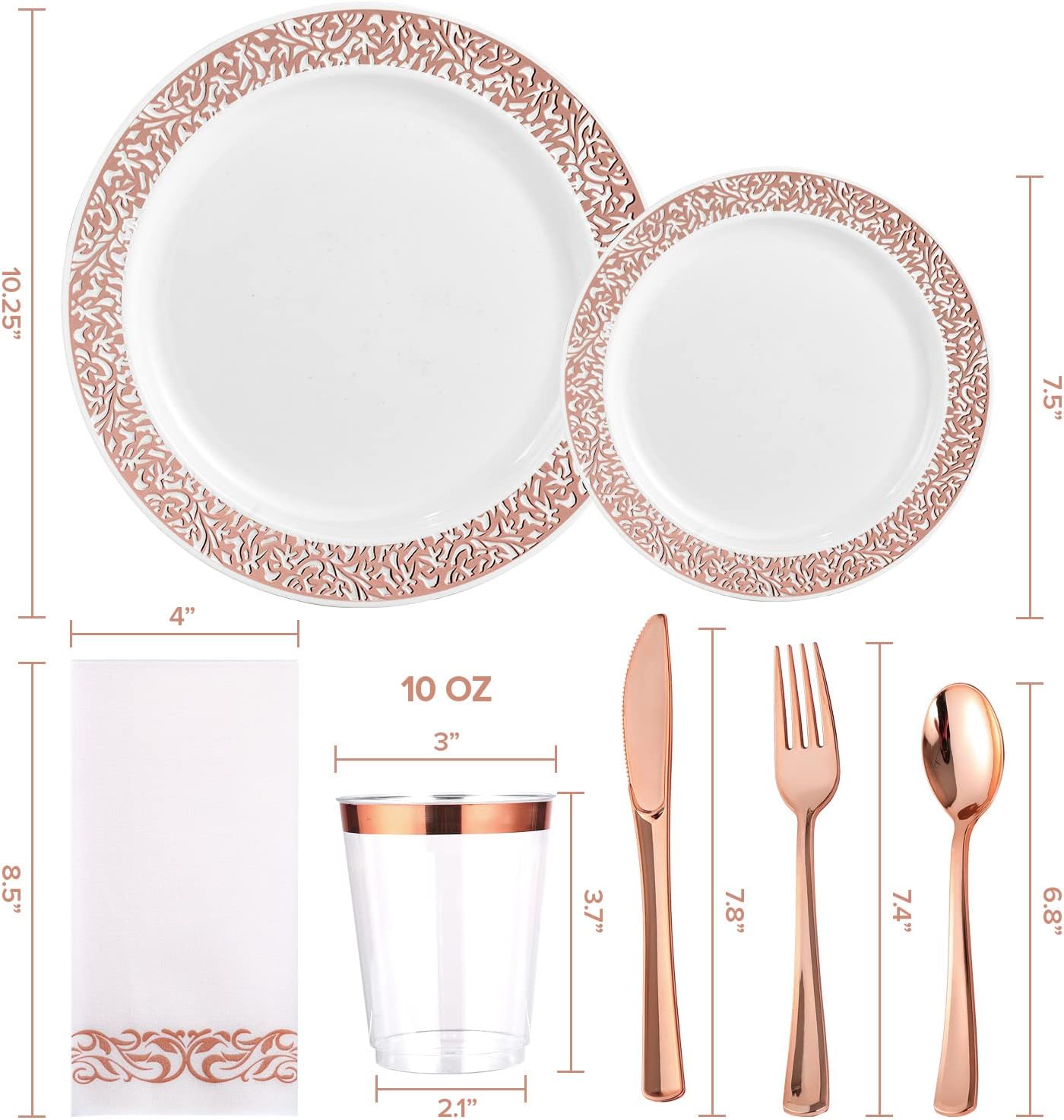FOCUSLINE 175 Ct Rose Gold Dinnerware Set for 25 Guests, Plastic Plates with Rose Gold Lace Rim Design, Including 25 Disposable Dinner & Dessert Plates, Cups, Napkins, Cutlery Set