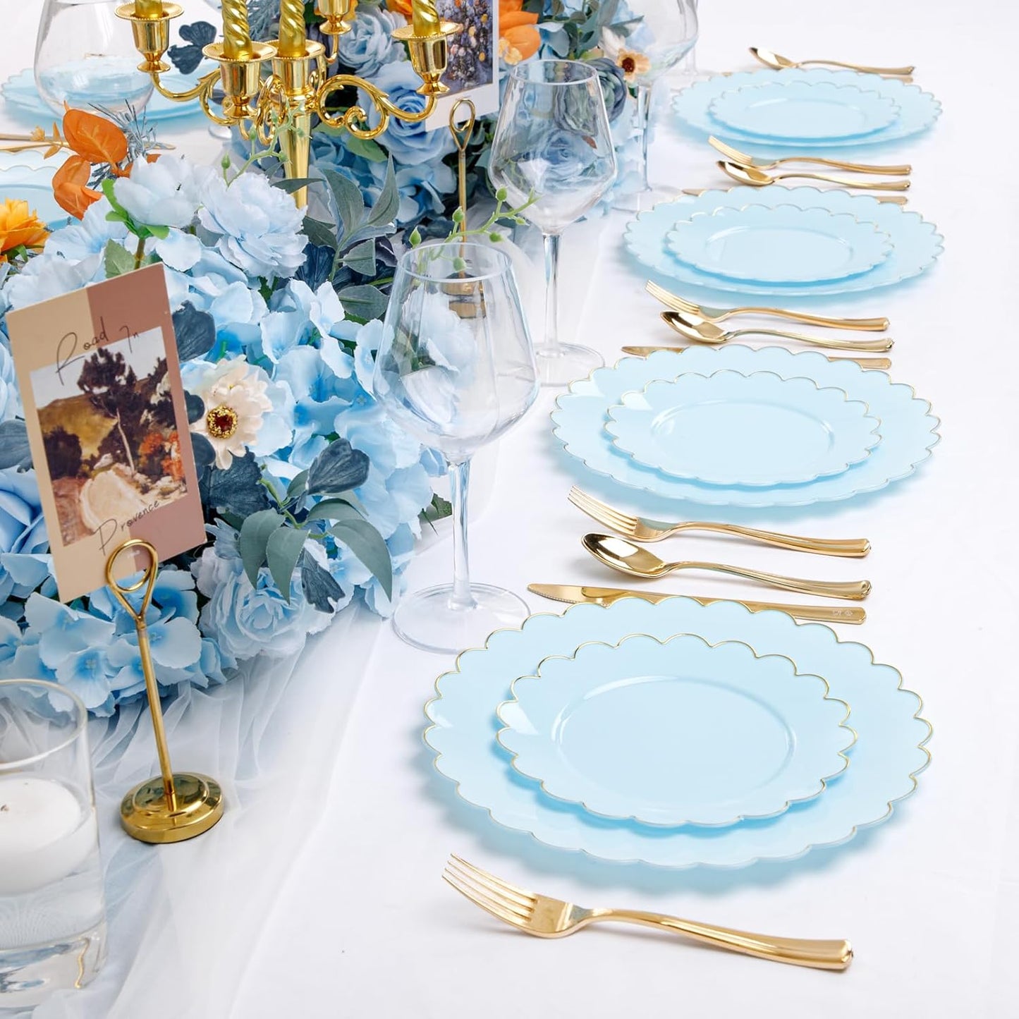 LIYH 60 Pcs Baby Blue Plastic Plates with Gold Edge - Disposable Light Blue Plastic Plates Includes 30 Dinner Plate 10.25" and 30 Dessert Plate 7.5" for Party Birthday