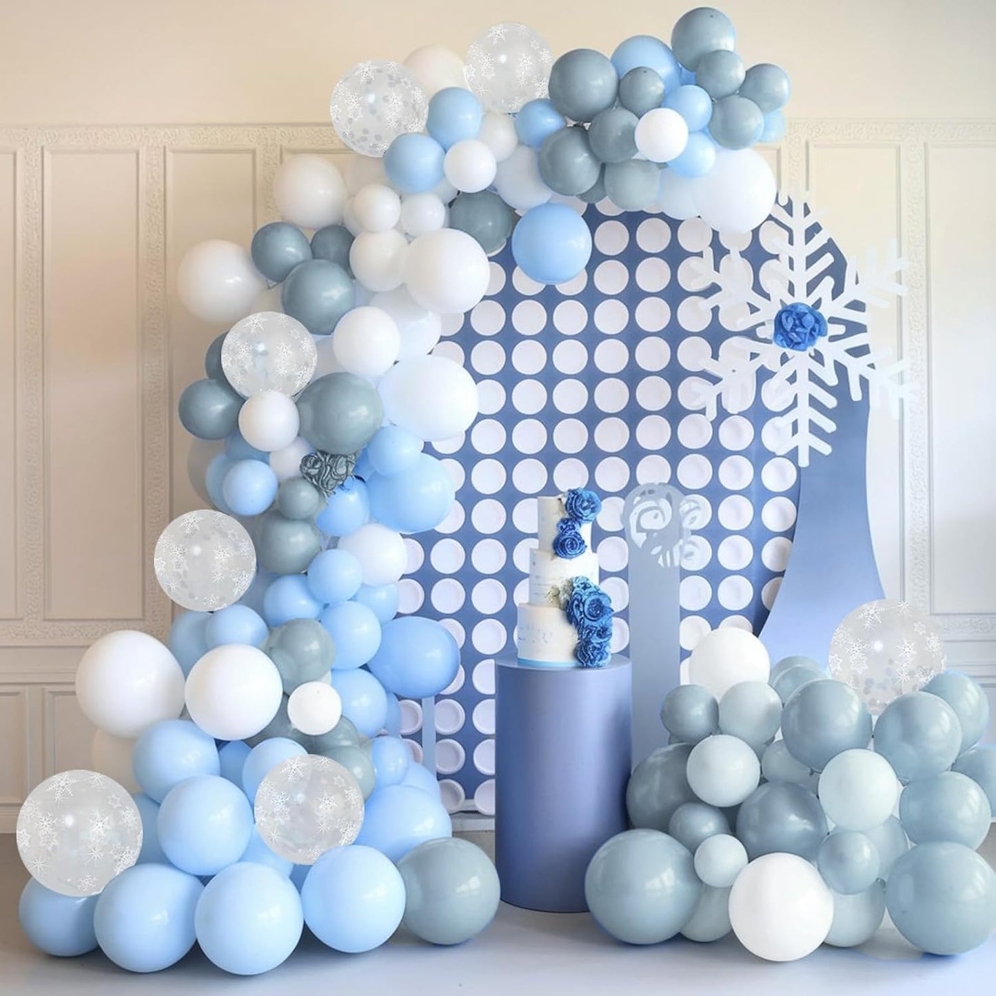 Blue and White Balloons, 12 Inch Snowflake Double Stuffed Dusty Pastel Light Baby Blue Pearl White Silver Clear Latex Balloons for Winter Wonderland Christmas Snow Baby Shower Birthday Party Decor