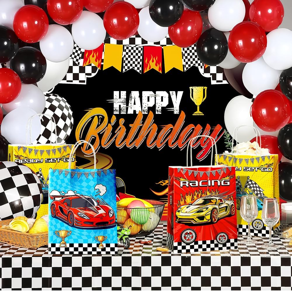 24 Pcs Racing Car Party Favor Bags with Handles - Race Car Goodie Bags Gift Bags. Checkered Two Fast Theme Candy Bags for Kids, Kraft Paper Bags for Birthday Party Supplies Decorations