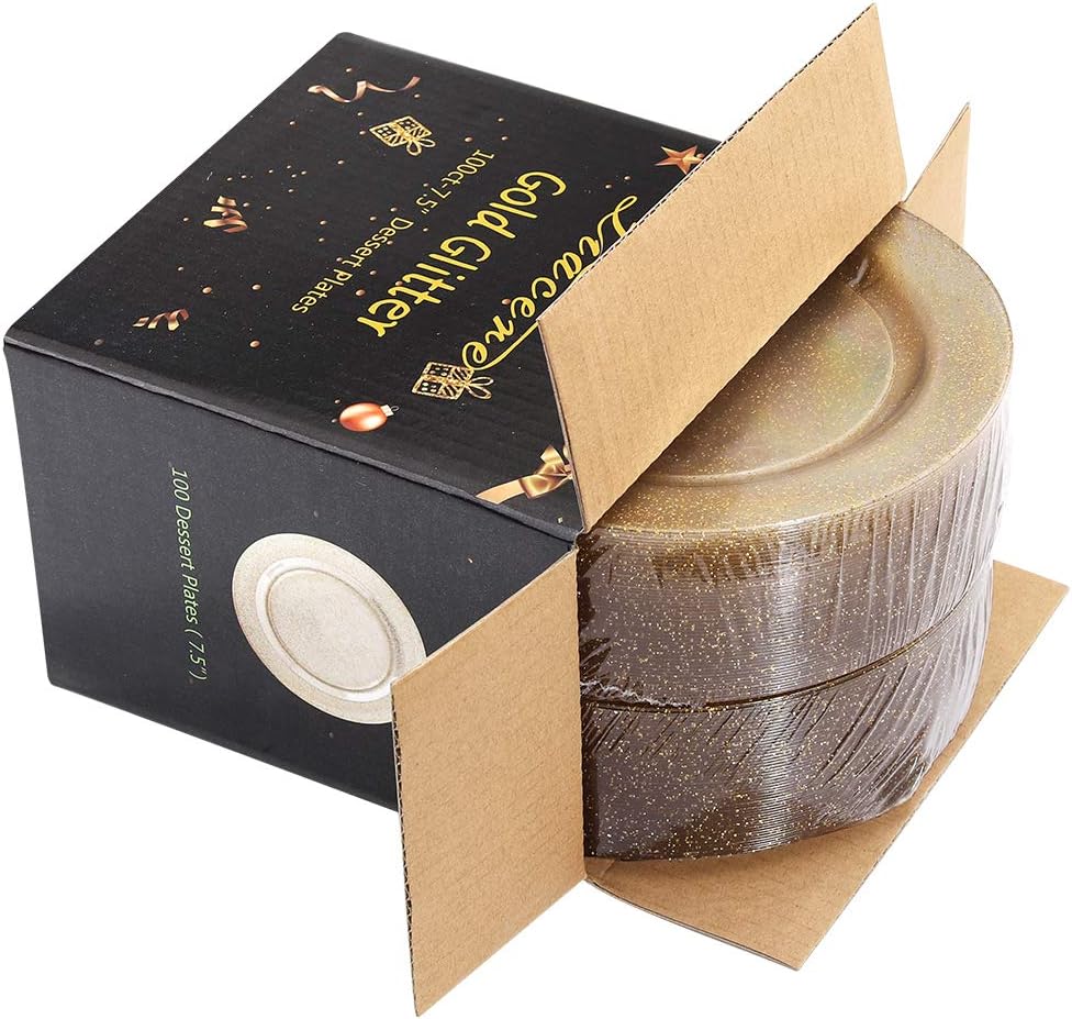 Liacere 100Pieces Gold Plastic Plates-Disposable Gold Glitter Appetizer Plates-7.5inch Premium Plastic Salad/Dessert Plates for Wedding & Parties & Thanksgiving